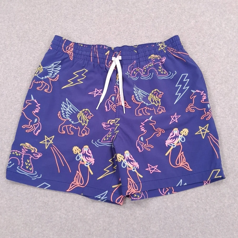 Chubbies Swim Trunks Mens Medium Blue Neon Lights Mythical Creatures Print Short